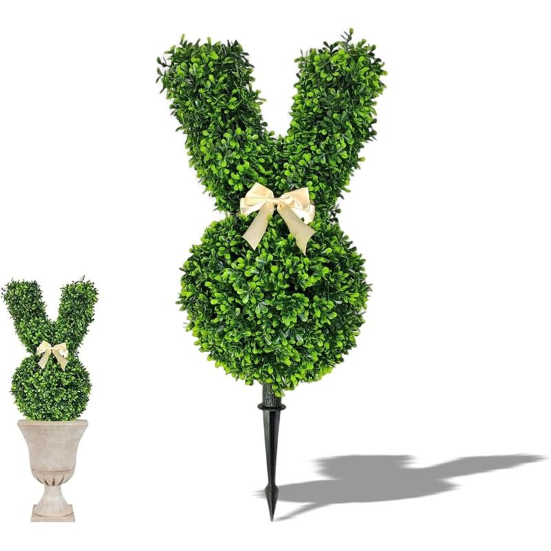 Arbres topiaires artificiels en forme de lapin de Pâques avec piquet – Lapin de 55 cm en buis artificiel pour jardinière intérieure/extérieure,