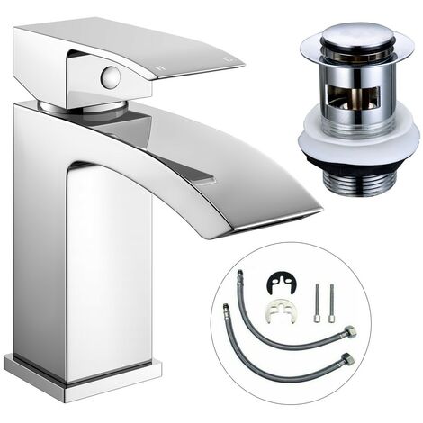 BUYAPARCEL ARC Waterfall Basin Mixer Tap Chrome Basin Sink Mono Bathroom + Fixings + Waste