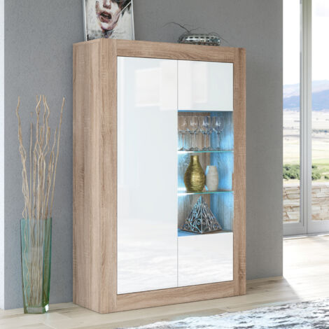Arcadia Display Cabinet 140cm - Oak with White Gloss Doors & LED