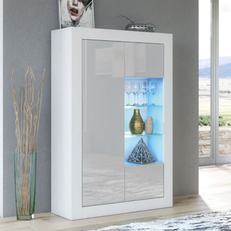 Arcadia Display Cabinet - White with Grey Gloss Doors & LED - 140cm