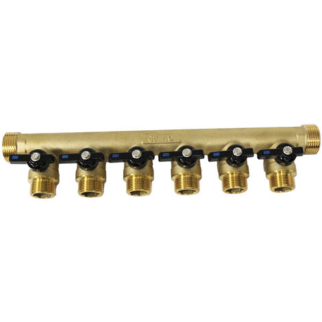 Arcanaute – Collecteur 1' avec 6 piquages mâle 3/4' – Raccordement 1 extrémité mâle (26/34) et femelle (20/27) – Étanchéité PTFE