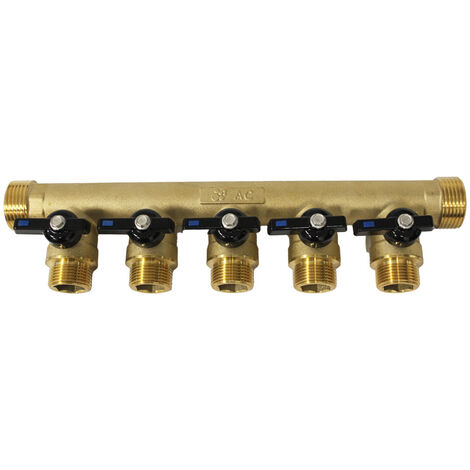 Arcanaute – Collecteur mini-vanne 1' 5 départs mâle 3/4' – Passage supérieur à vanne NF – Étanchéité fiable avec axes PTFE