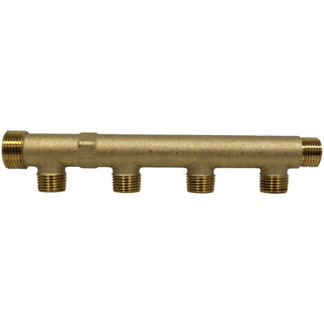 Arcanaute – Nourrice sanitaire matricé 4 sorties 1/2' – Arrivée mâle 3/4' et femelle 1/2' – Entraxe 50mm – Laiton CW617N
