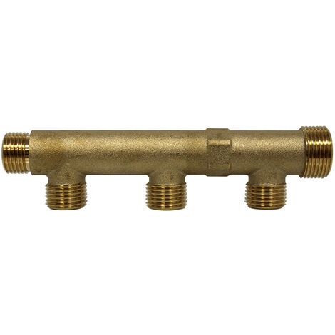 Arcanaute – Nourrice sanitaire matricée 3 départs 1/2' – Arrivée mâle 3/4' et femelle 1/2' – Entraxe 50mm – Laiton CW617N pour installations durables