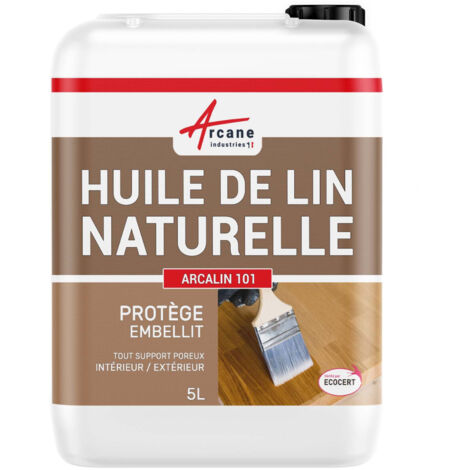 Arcane Industries – Huile de lin naturelle pour bois extérieur et intérieur 5 L – Certifiée Ecocert – Résistance aux UV – Protection contre l'humidité