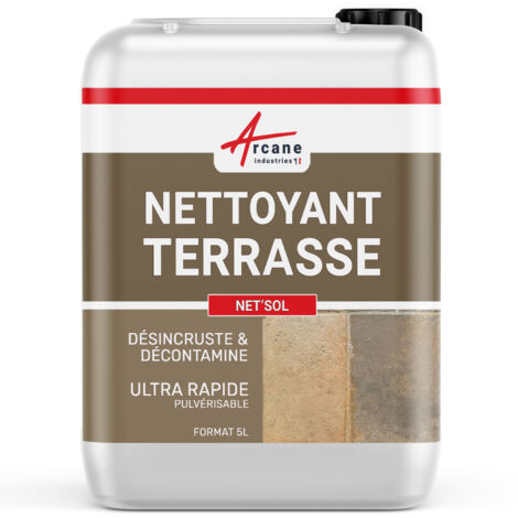 Arcane Industries – Nettoyant terrasse ultra rapide 5L – Désincrustant algues et lichens – Pour béton, pierre reconstituée – Action rapide avec hypochlorite de sodium