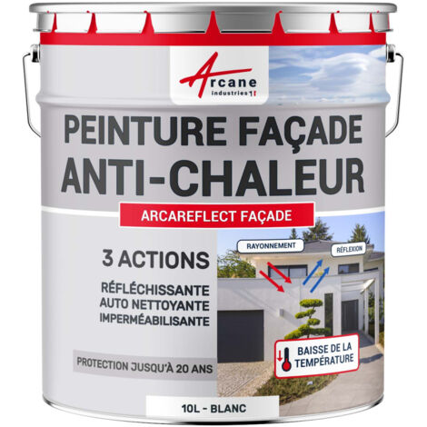 Arcane Industries – Peinture façade CoolRoof réfléchissante – Réflectance solaire 85% – Imperméable et hydrofuge – Application facile – 10 L Blanc