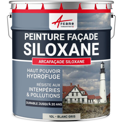 Arcane Industries – Peinture façade siloxane hydrofuge 10 L – Durable 20 ans – Auto-lavable – Pour murs crépis – RAL 9002 Blanc Gris
