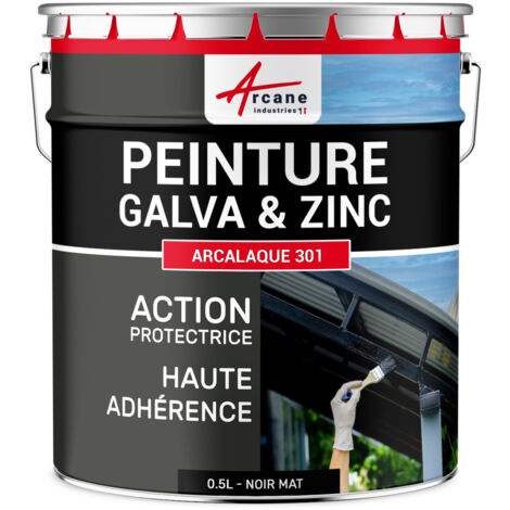 Arcane Industries – Peinture galva et zinc 0.5 L noir mat RAL 9005 – Protection antirouille pour toiture et gouttière – Application facile en 2 couches