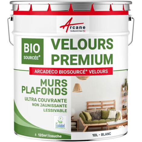 Arcane Industries – Peinture murale biosourcée finition velours 10 L – Couverture 120 m² par couche – Faible émission de COV – Pour béton et plaques de plâtre
