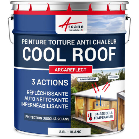 Arcane Industries – Peinture toiture réfléchissante blanche anti chaleur 2.5 L – Pouvoir hydrofuge W3 – Taux de réflectance solaire 85% – Auto nettoyante