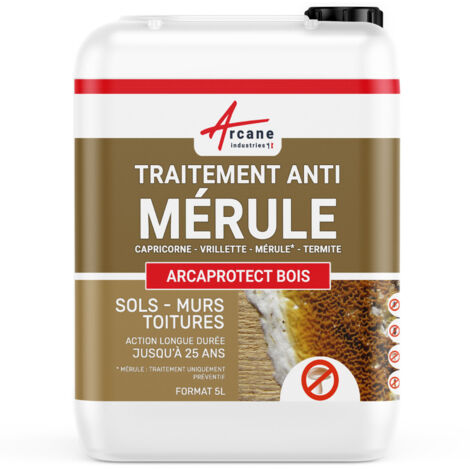 Arcane Industries – Traitement anti-mérule 5 L – Protection bois extérieur et intérieur – Action préventive jusqu'à 10 ans – Incolore et non gras