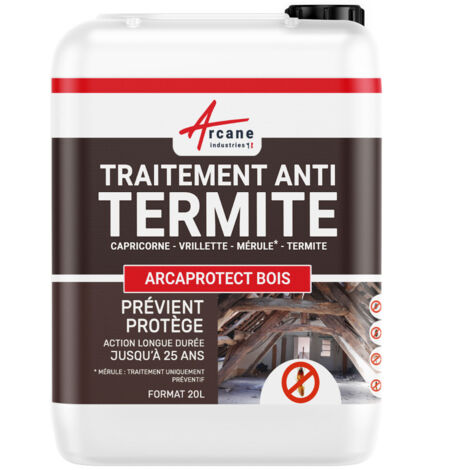 Arcane Industries – Traitement anti termite pour charpentes et poutres – 20 L – Action préventive jusqu'à 25 ans – Efficacité immédiate contre insectes xylophages