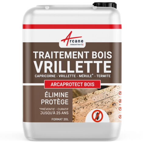 Arcane Industries – Traitement anti-vrillette pour bois – 20 L – Protection durable jusqu'à 25 ans – Application facile par pulvérisation