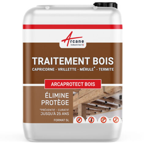 Arcane Industries – Traitement bois tout usage 5 L – Protection contre insectes et champignons – Action curative et préventive – Incolore et non gras