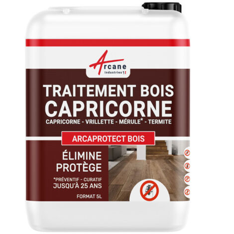 Arcane Industries – Traitement de bois contre capricornes 5 L – Action curative et préventive – Incolore et non gras – Durabilité 25 ans