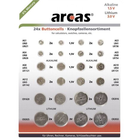 Arcas Jeu de piles bouton 2x AG1, 2x AG3, 2x AG4, 2x AG5, 2x AG8, 2x AG10, 2x AG12, 2x AG13, 2x CR1620, 2x CR2016, 2x C