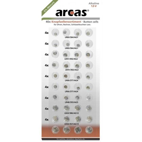 Arcas Jeu de piles bouton 8 x AG1, AG3, AG4, AG13 et 4 x AG5, AG12