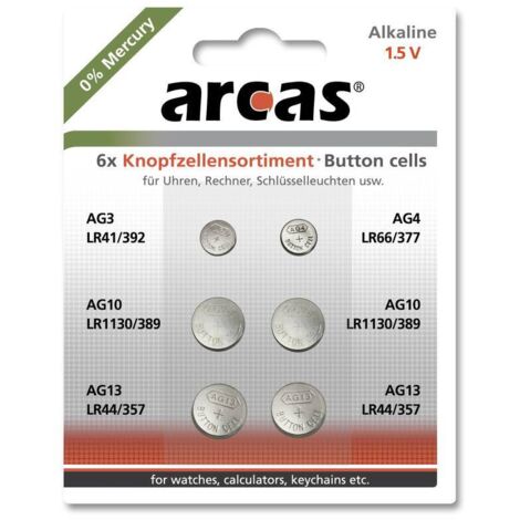 ARCAS Knopfzellen-Set, AG3, AG4, AG10, AG13, 6-teilig