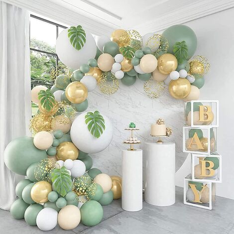 Arche Ballon Anniversaire Vert Olive, 128pcs Vert Sauge Guirlande Ballons Confettis or blanc Ballon Vert Rétro pour fête d'anniversaire Garçon, Baby Shower, Fête à Thème Jungle Safari, Mariage Décor
