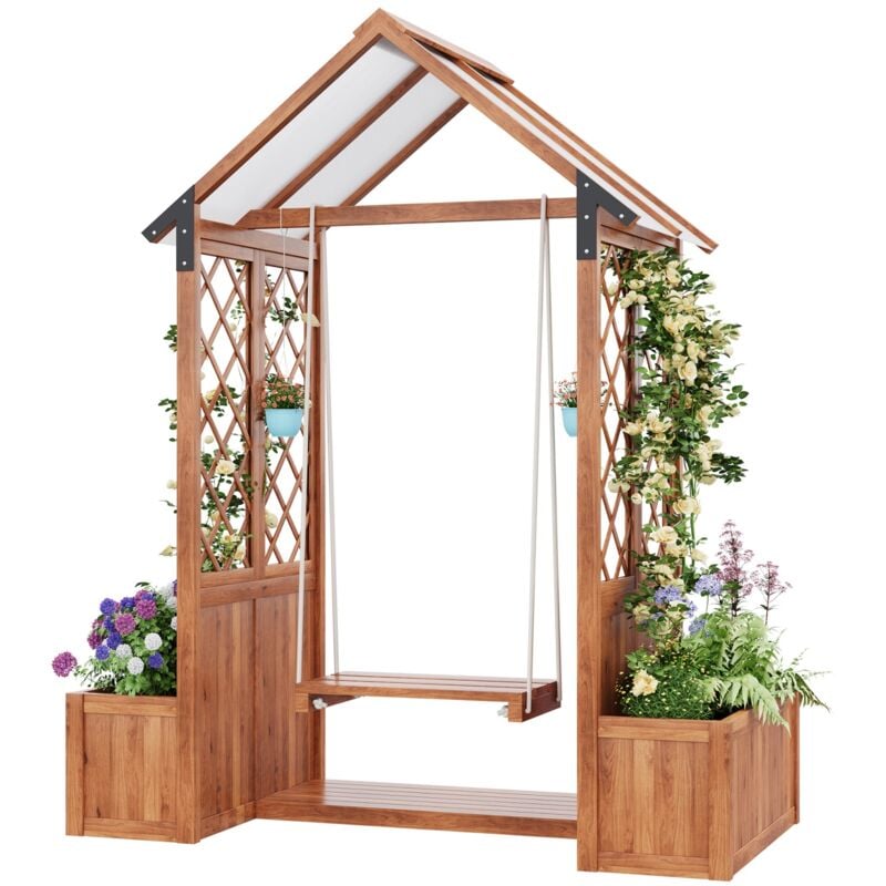 Arche de jardin 142x70x163 cm, avec 2 pots de fleurs, balançoire d'extérieur, treillis avec aide à l'escalade, bois massif, pour jardins, patios et