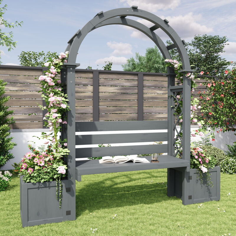 Arche de jardin avec 2 bacs à plantes et treillis arche en bois massif gris pour terrasse cour et extérieur