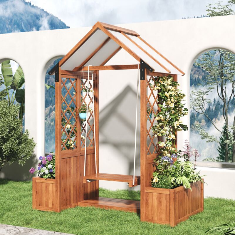 Arche de jardin avec balançoire, jardinière avec treillis comme aide à l'escalade, toit ouvrant en polycarbonate - jardinière pour bac à fleurs