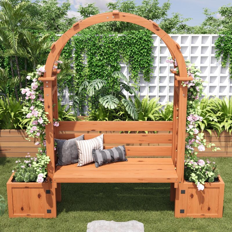 Arche de Jardin avec Banc et Jardinières 160x30,5x160 cm, Support pour Plantes Grimpantes, Bac à Fleurs Grande Capacité, Treillis en Bois pour