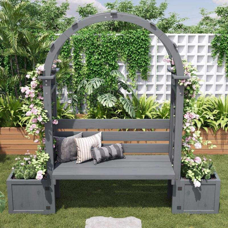 Arche de Jardin avec Banc et Jardinières 160x30,5x160 cm, Support pour Plantes Grimpantes, Bac à Fleurs Grande Capacité, Treillis en Bois pour