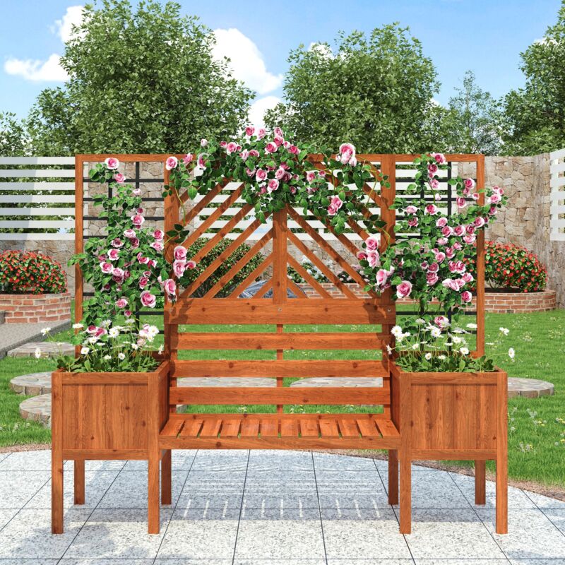 Arche de jardin avec treillis, jardinière grimpante avec assise, en bois de sapin massif - Pour jardin, terrasse, patio - Marron