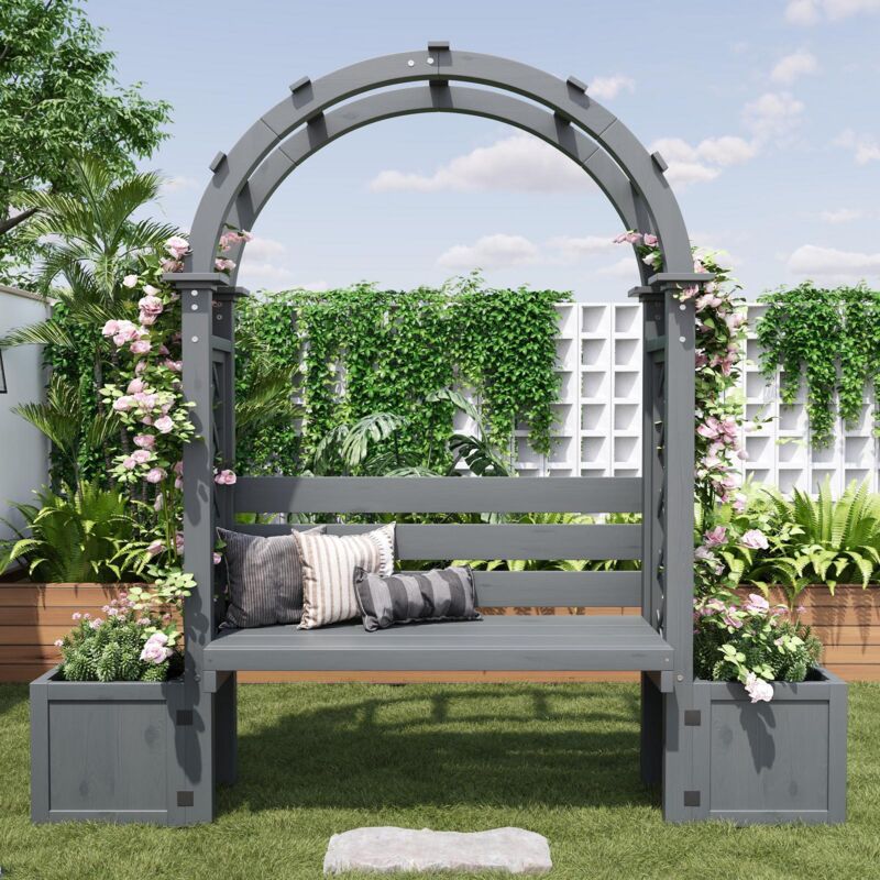 Arche de jardin en bois massif avec porte et 2 jardinières – Support pour plantes grimpantes, tonnelle extérieure en cèdre naturel, idéale pour