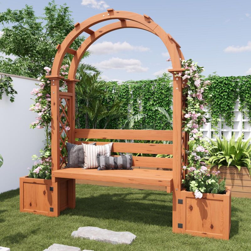 Arche de jardin en bois massif avec porte et 2 jardinières – Support pour plantes grimpantes, tonnelle extérieure en cèdre naturel, idéale pour