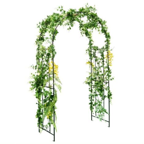 Arche de Jardin Métallique Noire avec Treillis Latéral, Structure Robuste Antirouille, Piquets de Fixation Inclus, Support pour Plantes Grimpantes et Décoration Extérieur