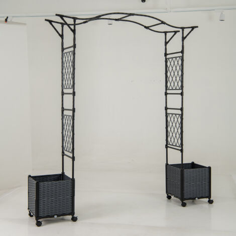 Arche de Roses 2 en 1 avec 2 Bac à Fleurs Auto-Arrosage, Treillis Métal & PP Gris 208x40x250cm, Roulettes Verrouillables pour Jardin et Décoration Extérieure