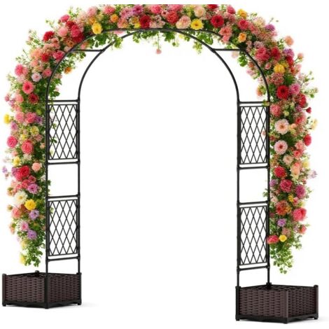 Arche Dôme Paravent avec Bac de Plantation, Fer + PE, Tuteur pour Plantes Grimpantes, Décoration Jardin Moderne Résistante, 200x40x220 cm