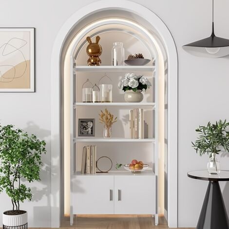 Arched Bookshelf, Bookcase with Doors Storage, 71 Inches Tall Industrial Book Shelf with Sturdy Metal Frame, Freestanding Display Shelving Unit, White