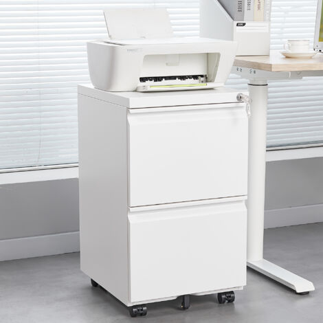Archivador móvil metálico de 2 cajones con cerradura, archivador de acero para debajo del escritorio, armario de almacenamiento de archivos de tamaño legal/carta de 25,6'' de alto, blanco