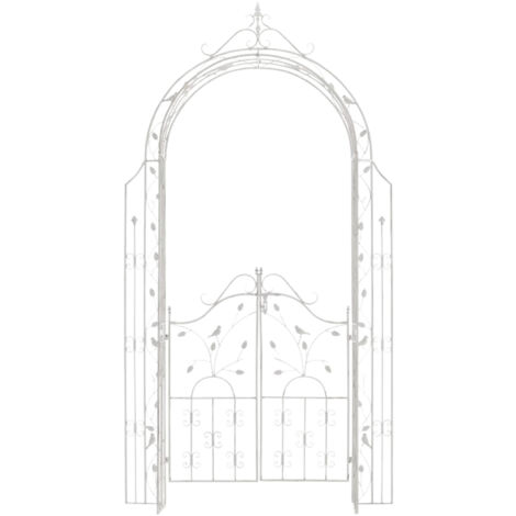 Arco de jardín con rosas y puerta, decoración de jardín, 235 x 100 cm, metal blanco envejecido, 100003933