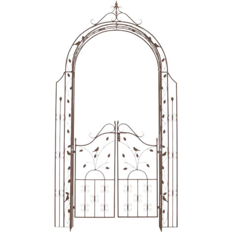 Arco de jardín con rosas y puerta, decoración de jardín, 235 x 100 cm, metal marrón envejecido, 100003934