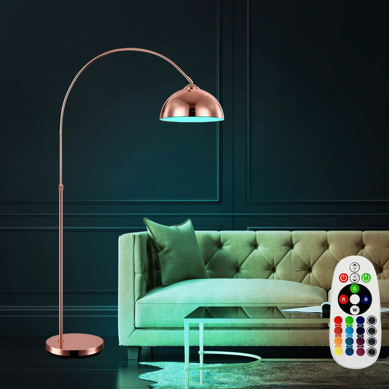 Image of Lampada da appoggio ad arco a led rgb con telecomando, cambia colore, illuminazione color rame regolabile in altezza
