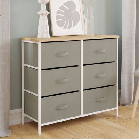 Arcón de 6 cajones ALTA 80 cm de tela gris claro con tapa de diseño industrial efecto madera