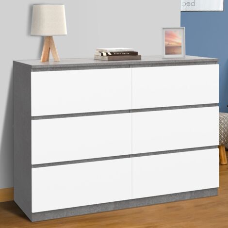 Arcón TOMI 110 cm 6 cajones, blanco y efecto hormigón