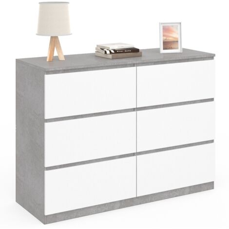 Arcón TOMI 110 cm 6 cajones, blanco y efecto hormigón