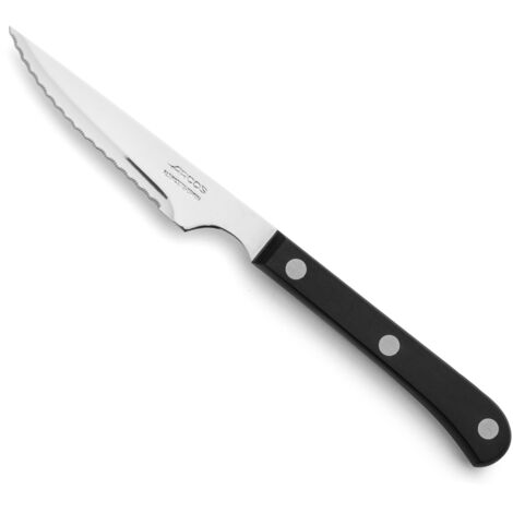 Arcos Cuchillo Chuletero Hoja Serrada de Acero Inoxidable Nitrum Mango Polioximetileno, Negro, 115 mm. Cuchillo delgado, fuerte. Se utiliza para cortar filetes y carne ligeramente asada sin esfuerzos.