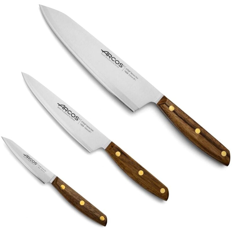 Image of Arcos - Serie Nordika - Set 3 Coltelli Cucina (Spelucchino + Coltello Cucina + Coltello Chef) - Acciaio Inossidabile nitrum - Manico in legno