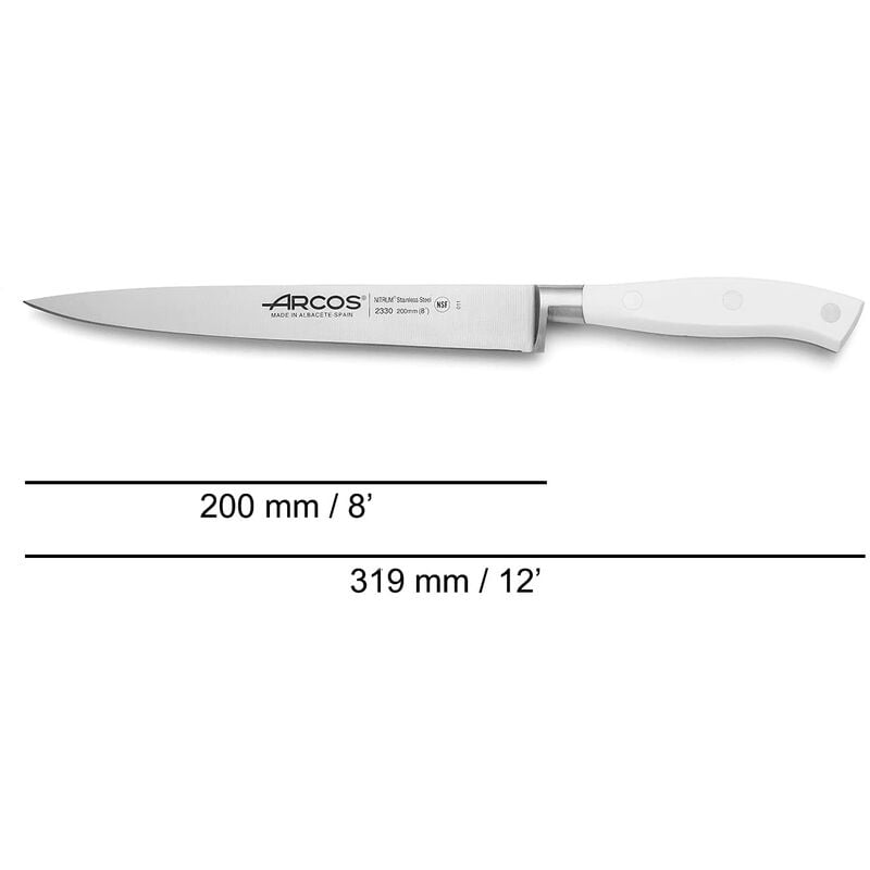 Coltello per filetto Arcos Riviera Blanc 233024 di Nitrum Steel, con Mango di Poliossimetilene e lama di 20 cm in valigetta.