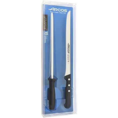 Arcos Set Coltelli da Taglio e per Prosciutto – Serie Universal, 2 Pezzi (1 Coltello + 1 Affilatore in Acciaio) – Lama in Acciaio Inossidabile Nitrum – Manico in Poliossimetilene (POM), Colore Nero