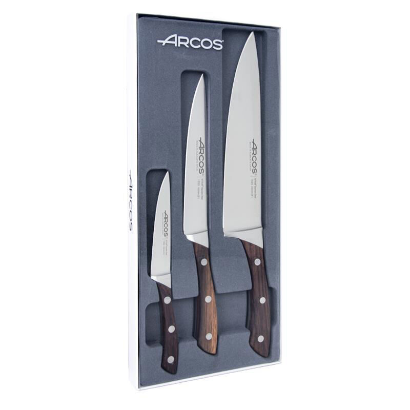 Arcos - Set de couteaux de cuisine 3 pièces série Natura avec manche noir et lame en acier inoxydable nitrum®.