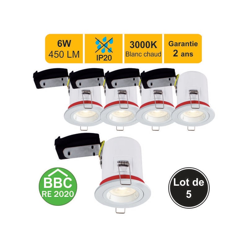 Lot de 5 supports spot bbc IP20 + GU10 6W 450lm inclus- garantie 2 ans