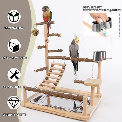 Area gioco per uccelli, area gioco per pappagalli con supporto, posatoi, ciotola per il cibo, altalena, scala e piattaforma per calopsiti, legno, dimensioni 45x37x26 cm
